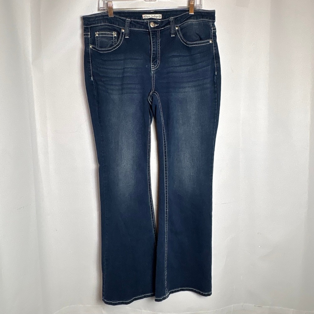 Love Indigo Womens 14 Dark Wash Bootcut Jeans Embroidered Cross Back Pocket Y2K